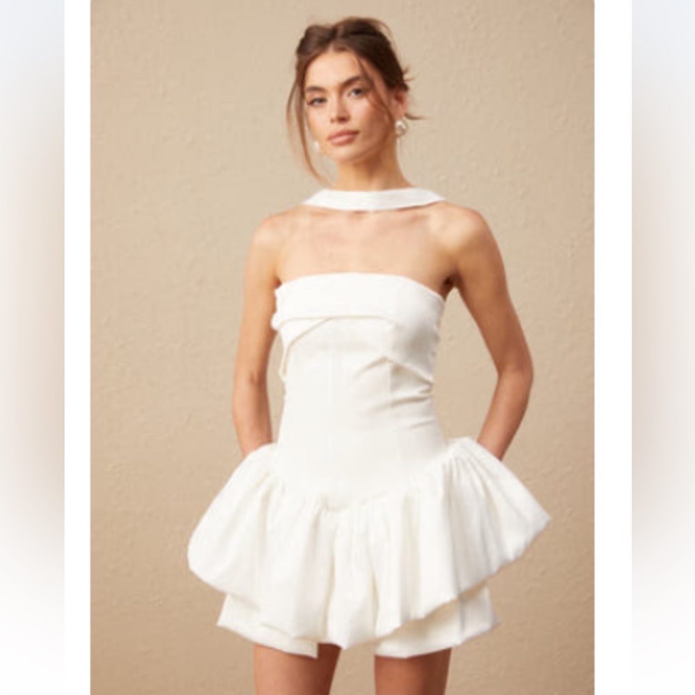 White halter neck ruffle dress